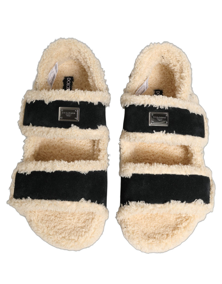 Men’s Dolce &amp; Gabbana Beige Black Faux Fur Flats Men Sandals Shoes