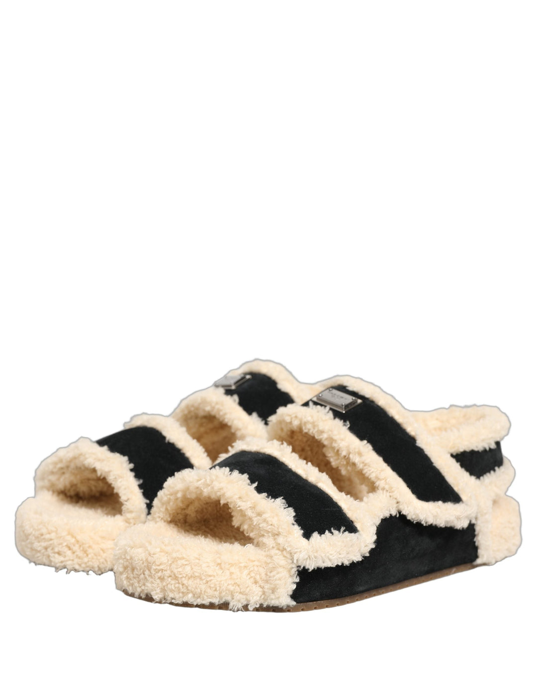 Men’s Dolce &amp; Gabbana Beige Black Faux Fur Flats Men Sandals Shoes