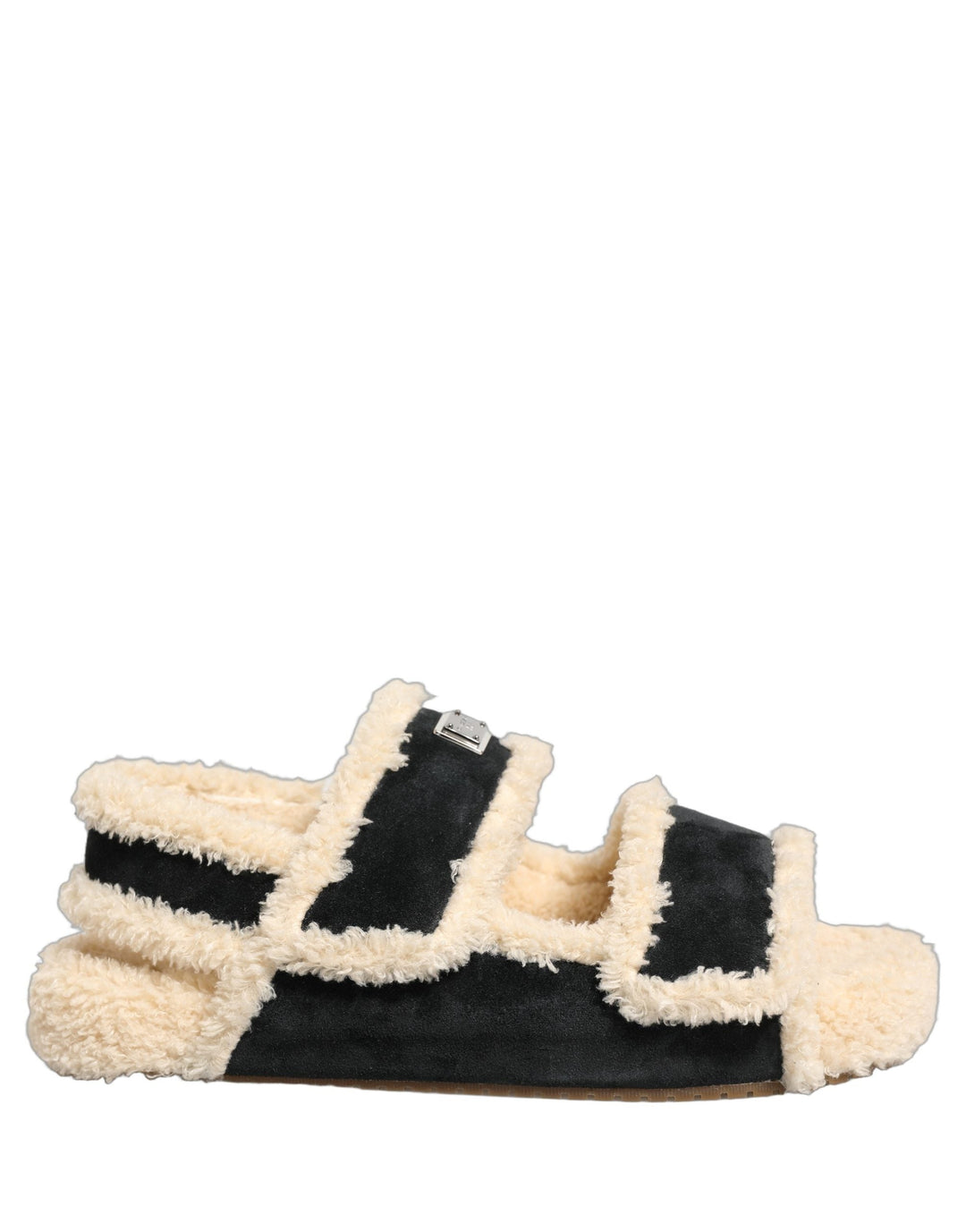 Men’s Dolce &amp; Gabbana Beige Black Faux Fur Flats Men Sandals Shoes