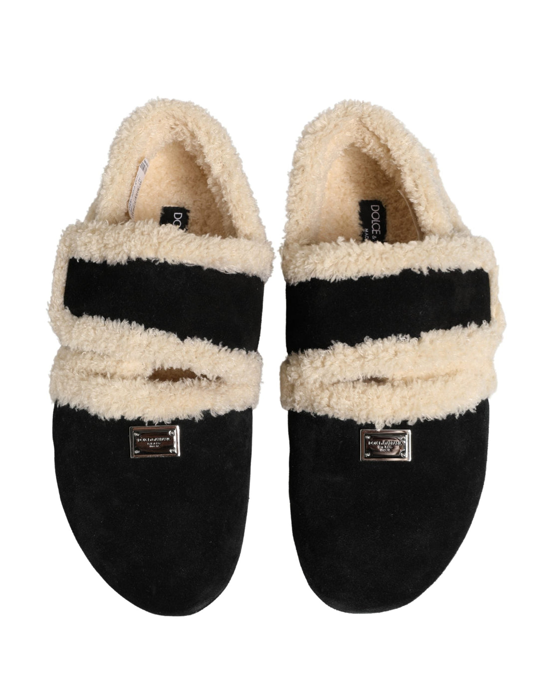 Men’s Dolce &amp; Gabbana Beige Black Faux Fur Flats Men Sandals Shoes