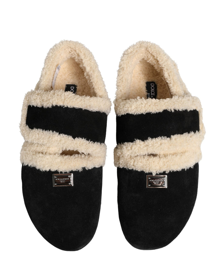 Men’s Dolce &amp; Gabbana Beige Black Faux Fur Flats Men Sandals Shoes