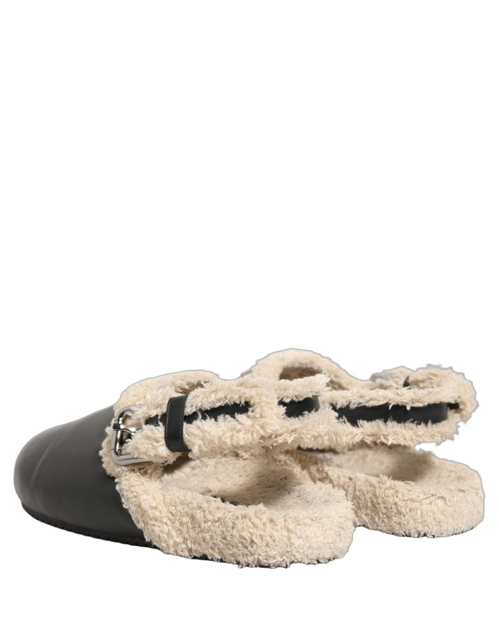 Men’s Dolce &amp; Gabbana Beige Black Fur Shearling Slides Sandals Shoes