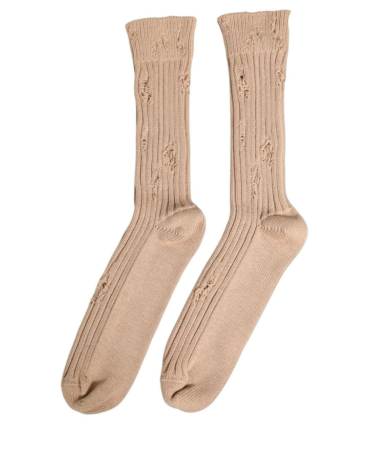 Dolce &amp; Gabbana Beige Cotton Distressed Mid Calf Accessory Socks