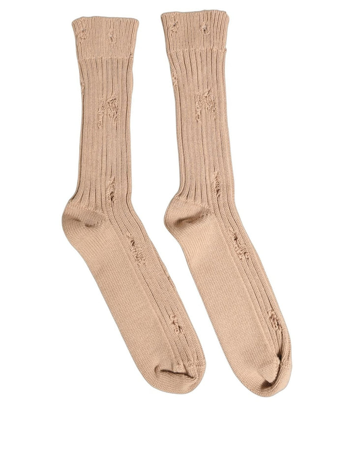Dolce &amp; Gabbana Beige Cotton Distressed Mid Calf Accessory Socks