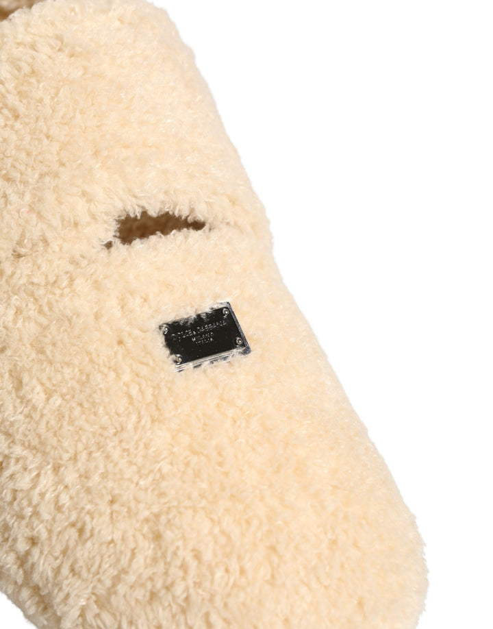 Men’s Dolce &amp; Gabbana Beige Faux Fur Flats Men Slides Sandals Shoes