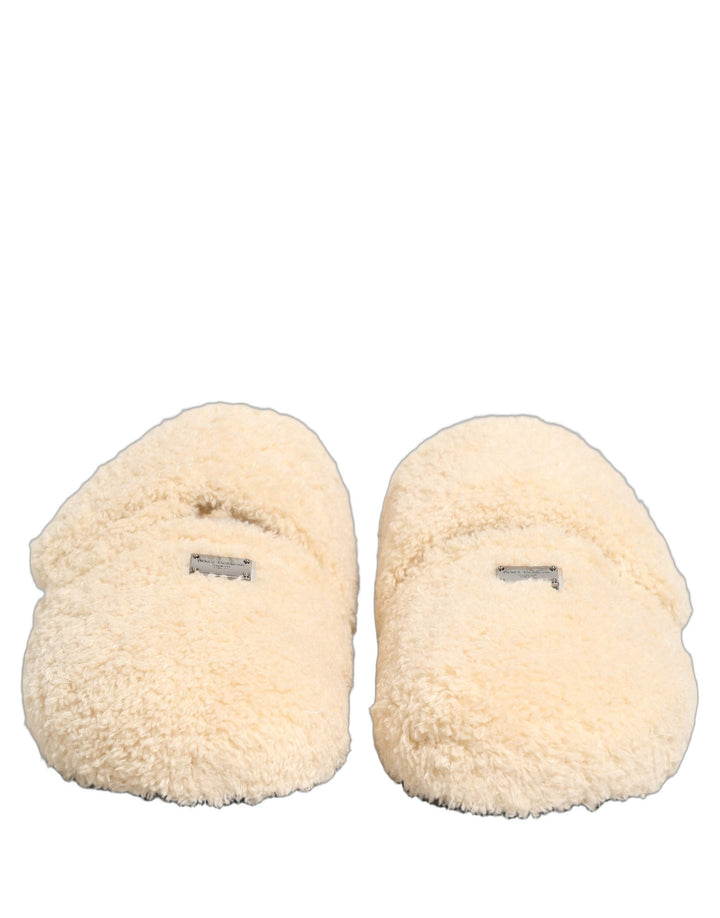 Men’s Dolce &amp; Gabbana Beige Faux Fur Flats Men Slides Sandals Shoes