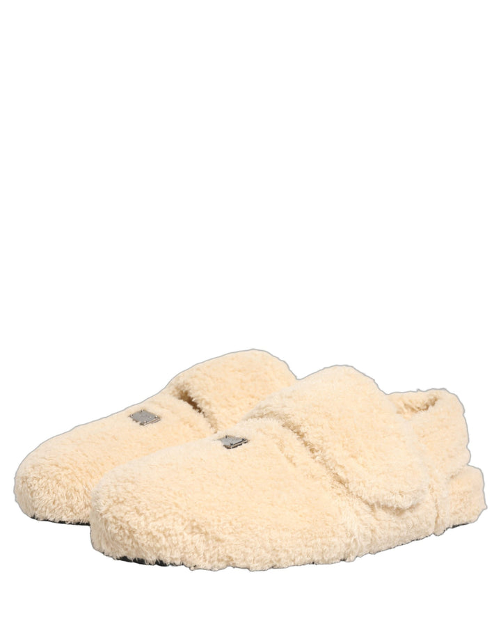Men’s Dolce &amp; Gabbana Beige Faux Fur Flats Men Slides Sandals Shoes