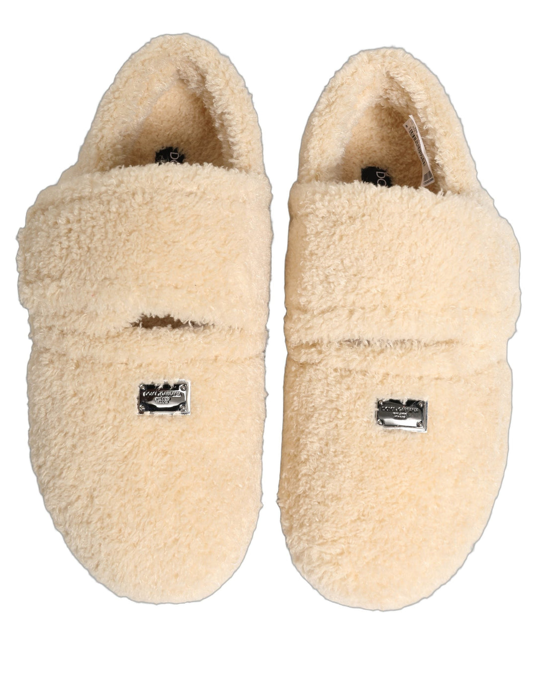 Men’s Dolce &amp; Gabbana Beige Faux Fur Flats Men Slides Sandals Shoes