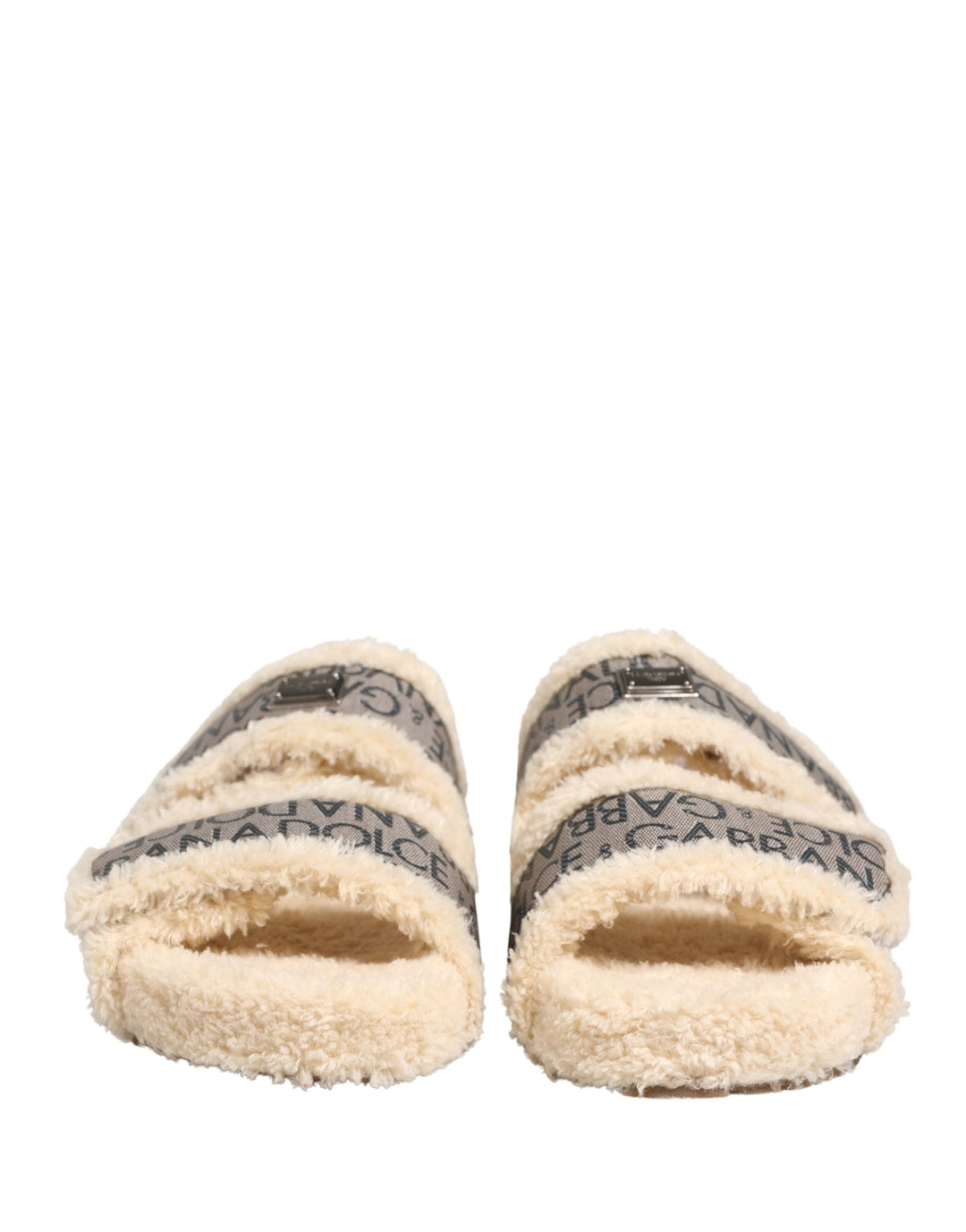 Men’s Dolce &amp; Gabbana Beige Faux Fur Logo Print Flats Sandals Shoes
