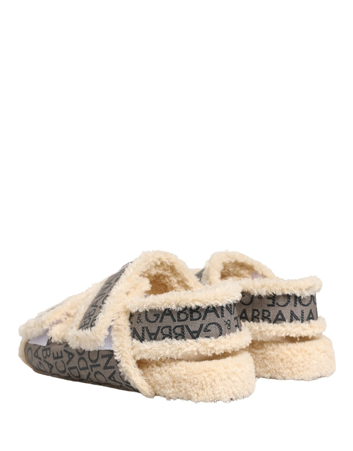 Men’s Dolce &amp; Gabbana Beige Faux Fur Logo Print Flats Sandals Shoes