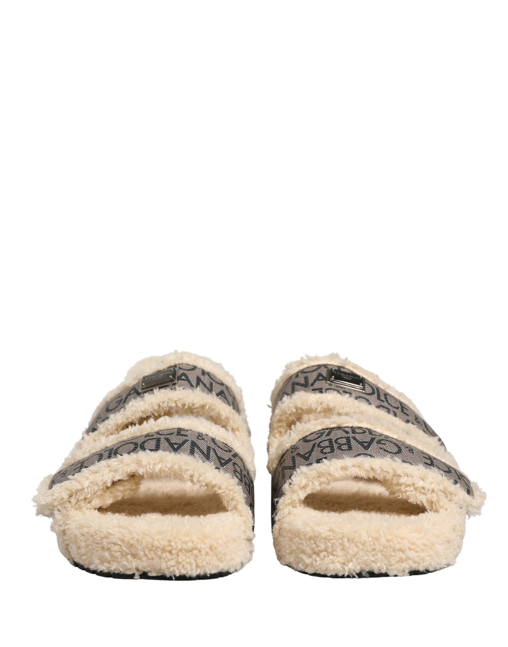 Men’s Dolce & Gabbana Beige Faux Fur Logo Print Flats Sandals Shoes