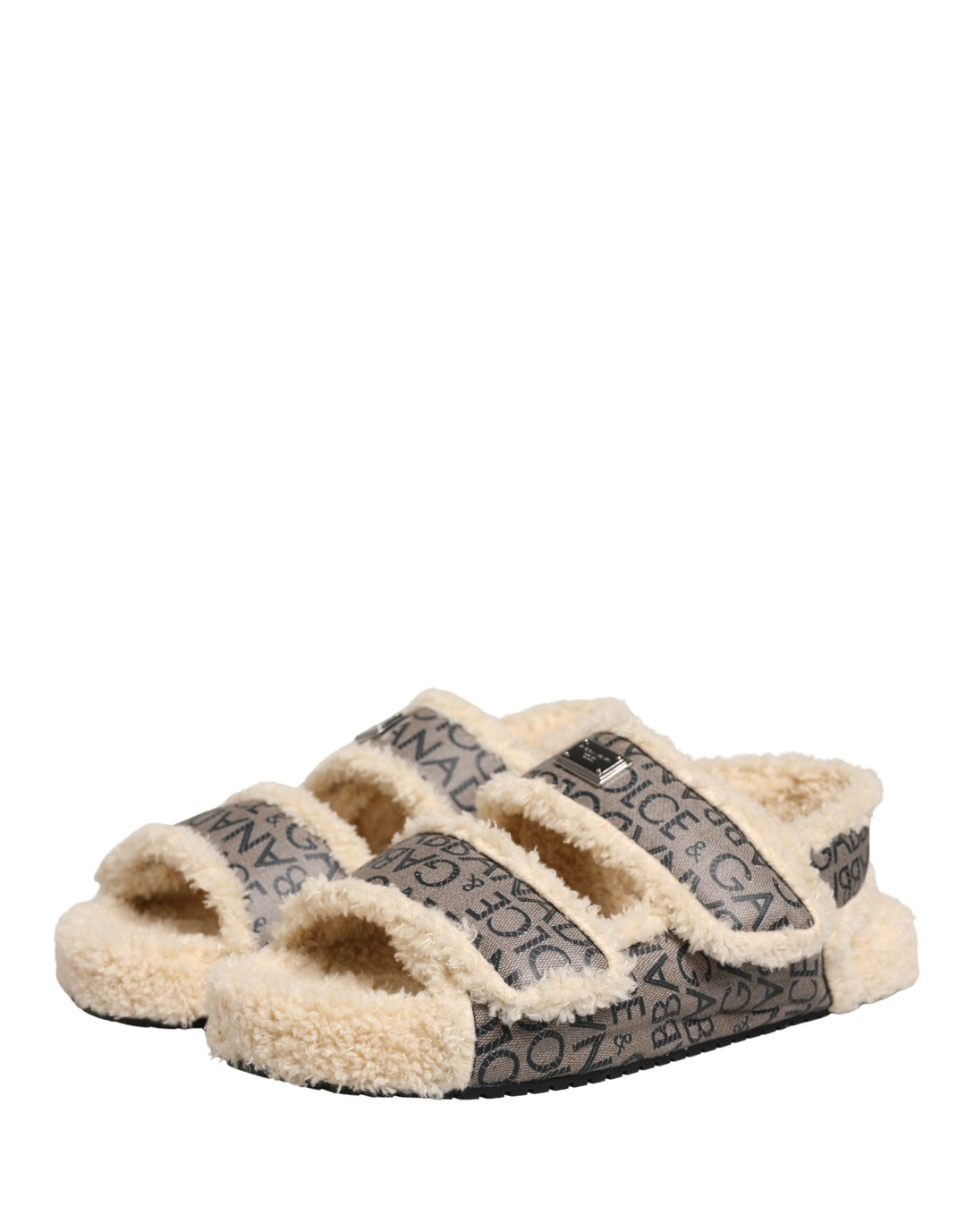 Men’s Dolce &amp; Gabbana Beige Faux Fur Logo Print Flats Sandals Shoes