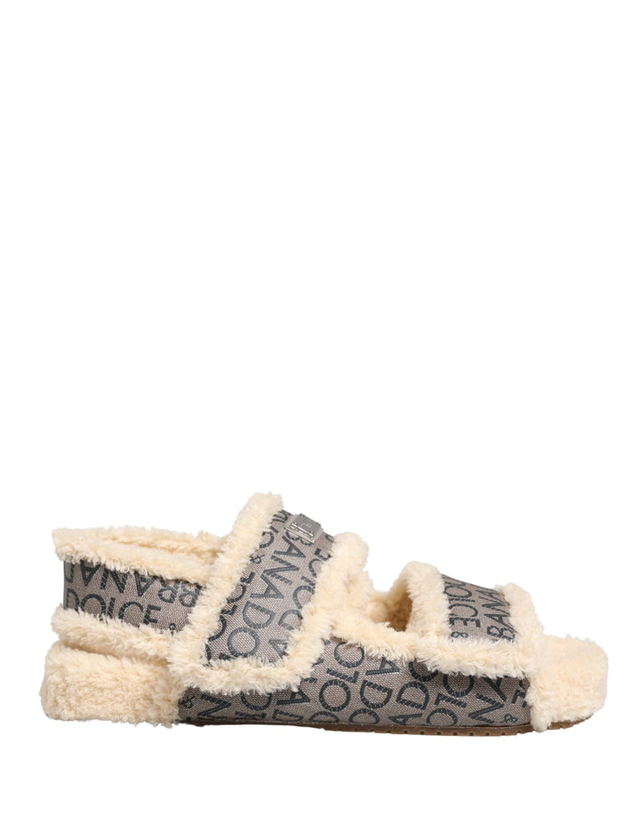 Men’s Dolce &amp; Gabbana Beige Faux Fur Logo Print Flats Sandals Shoes