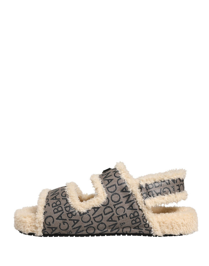 Men’s Dolce &amp; Gabbana Beige Faux Fur Logo Print Flats Sandals Shoes