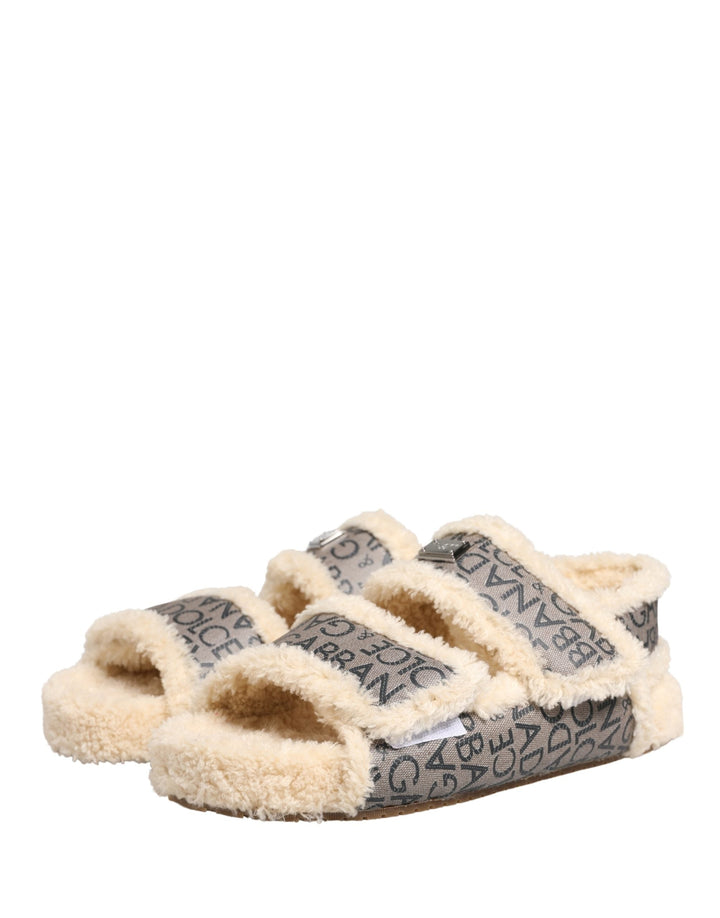 Men’s Dolce &amp; Gabbana Beige Faux Fur Logo Print Flats Sandals Shoes