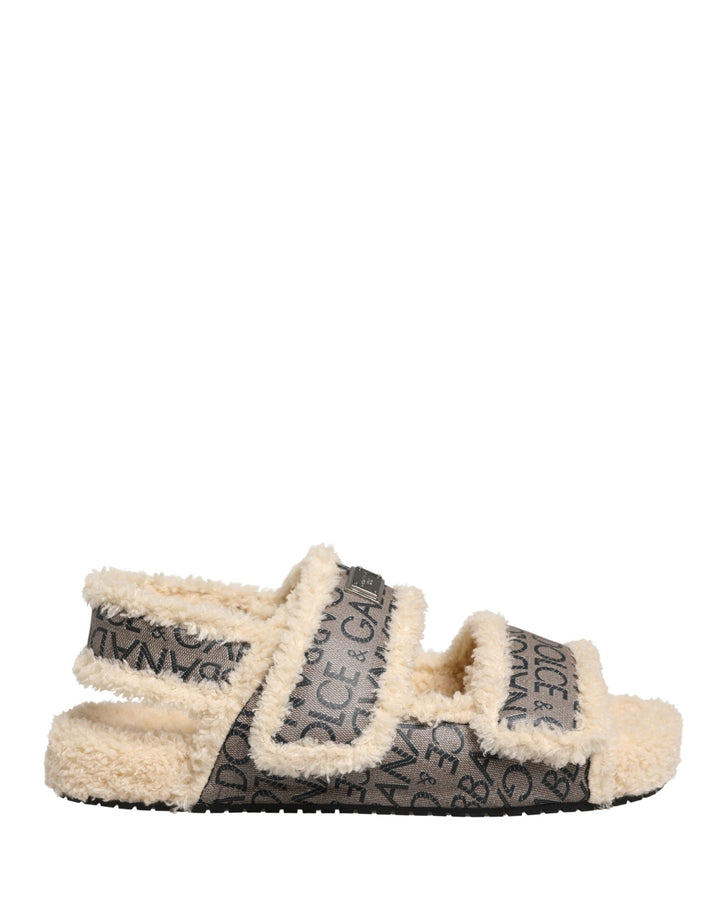 Men’s Dolce &amp; Gabbana Beige Faux Fur Logo Print Flats Sandals Shoes