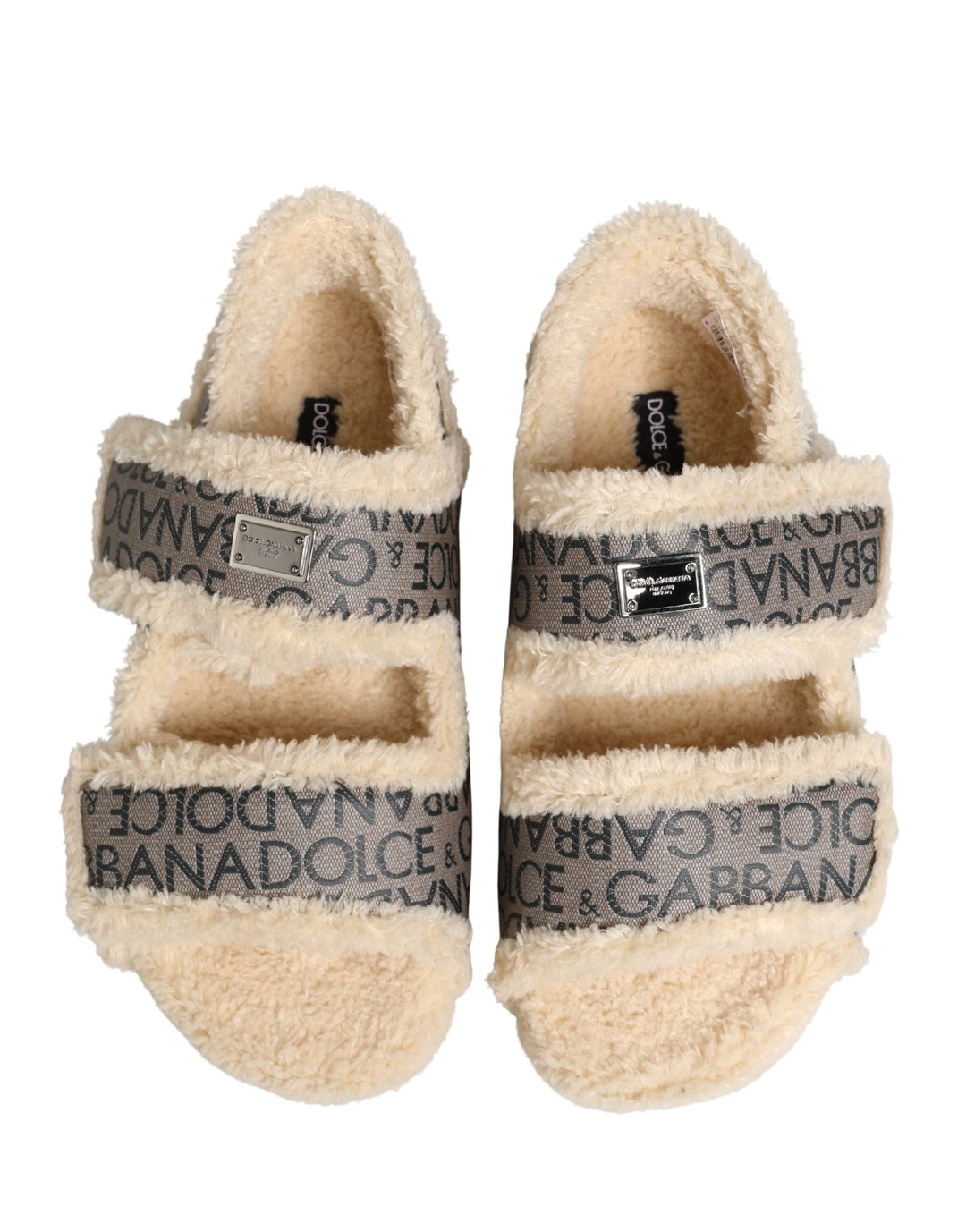 Men’s Dolce &amp; Gabbana Beige Faux Fur Logo Print Flats Sandals Shoes