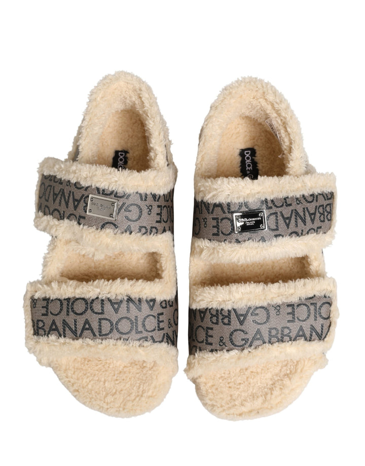 Men’s Dolce &amp; Gabbana Beige Faux Fur Logo Print Flats Sandals Shoes