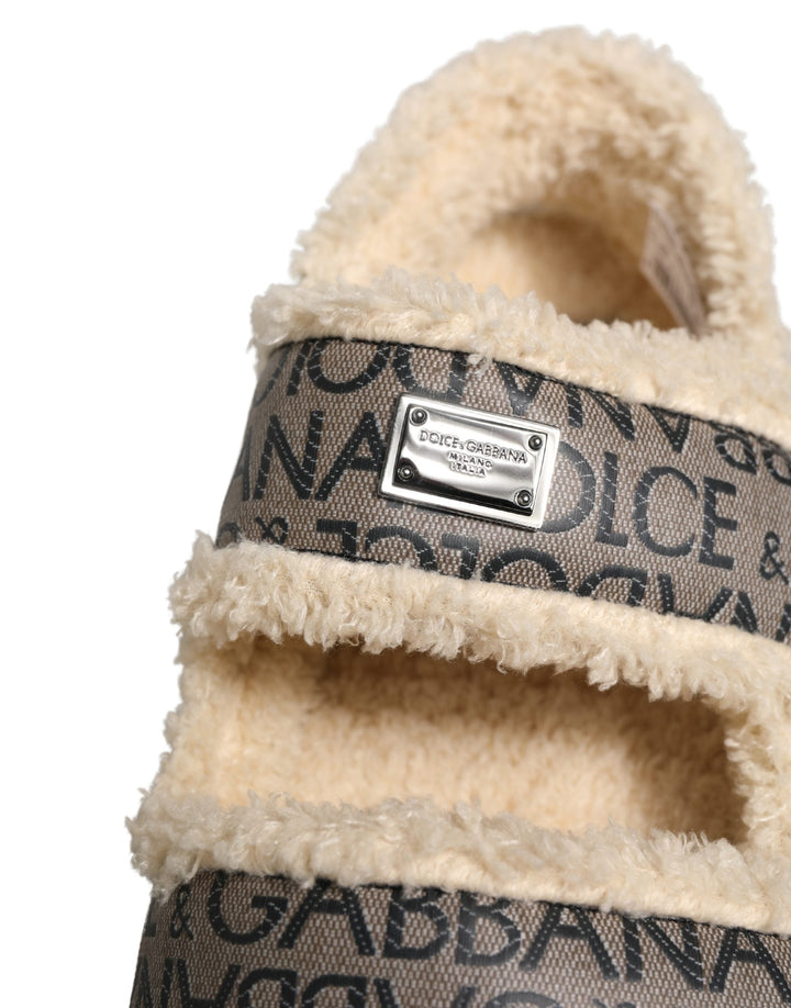 Men’s Dolce &amp; Gabbana Beige Faux Fur Logo Print Flats Sandals Shoes