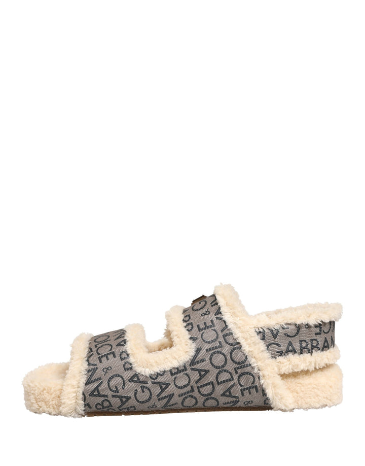 Men’s Dolce &amp; Gabbana Beige Faux Fur Logo Print Flats Sandals Shoes