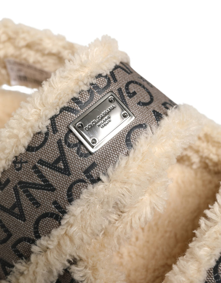 Men’s Dolce &amp; Gabbana Beige Faux Fur Logo Print Flats Sandals Shoes