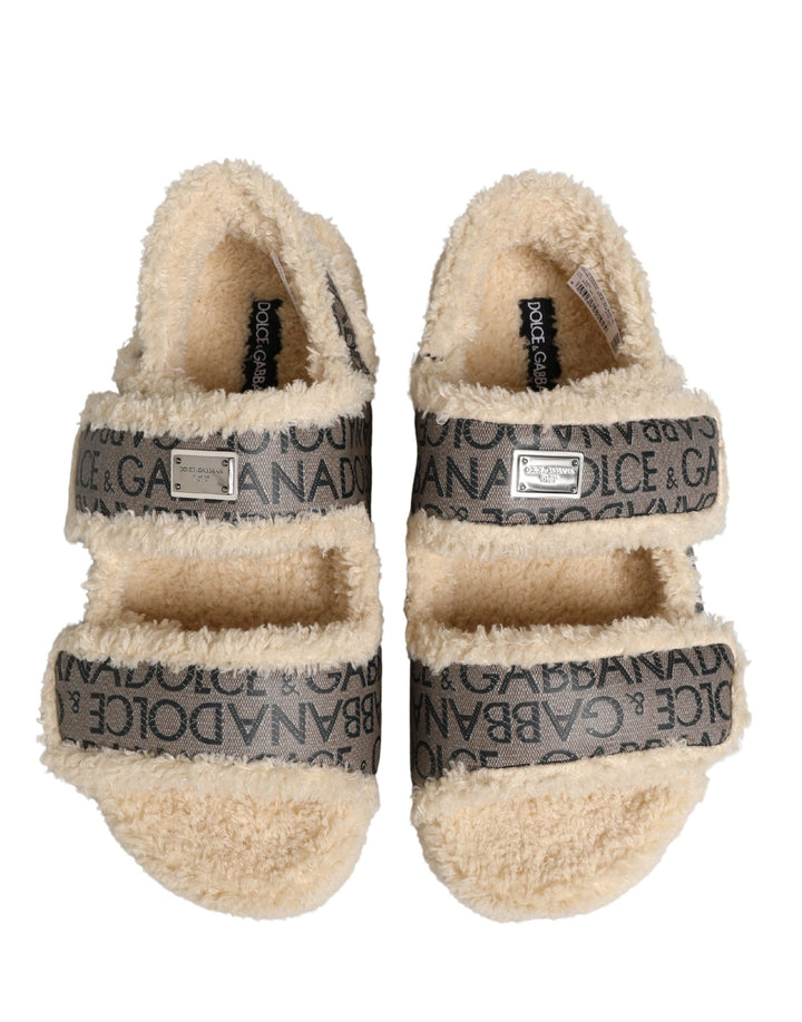 Men’s Dolce &amp; Gabbana Beige Faux Fur Logo Print Flats Sandals Shoes