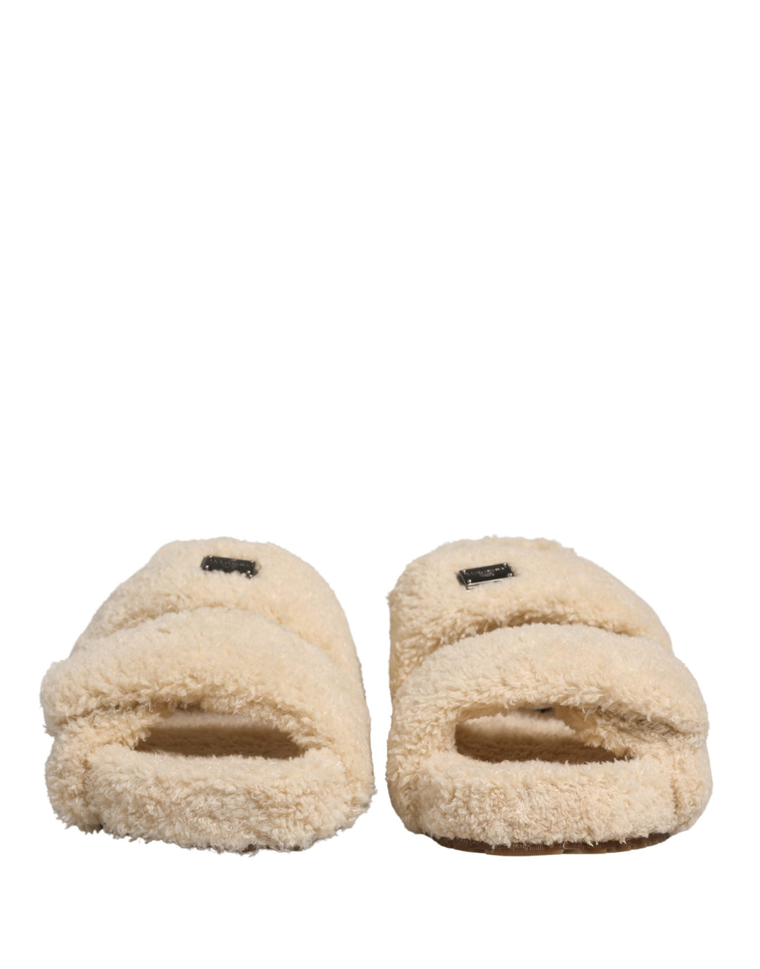 Men’s Dolce &amp; Gabbana Beige Faux Fur Slides Men Flats Sandals Shoes