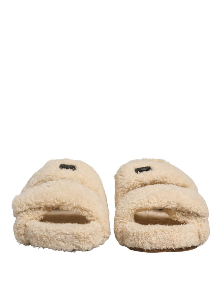 Men’s Dolce &amp; Gabbana Beige Faux Fur Slides Men Flats Sandals Shoes