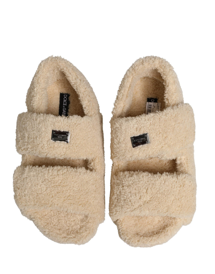Men’s Dolce &amp; Gabbana Beige Faux Fur Slides Men Flats Sandals Shoes