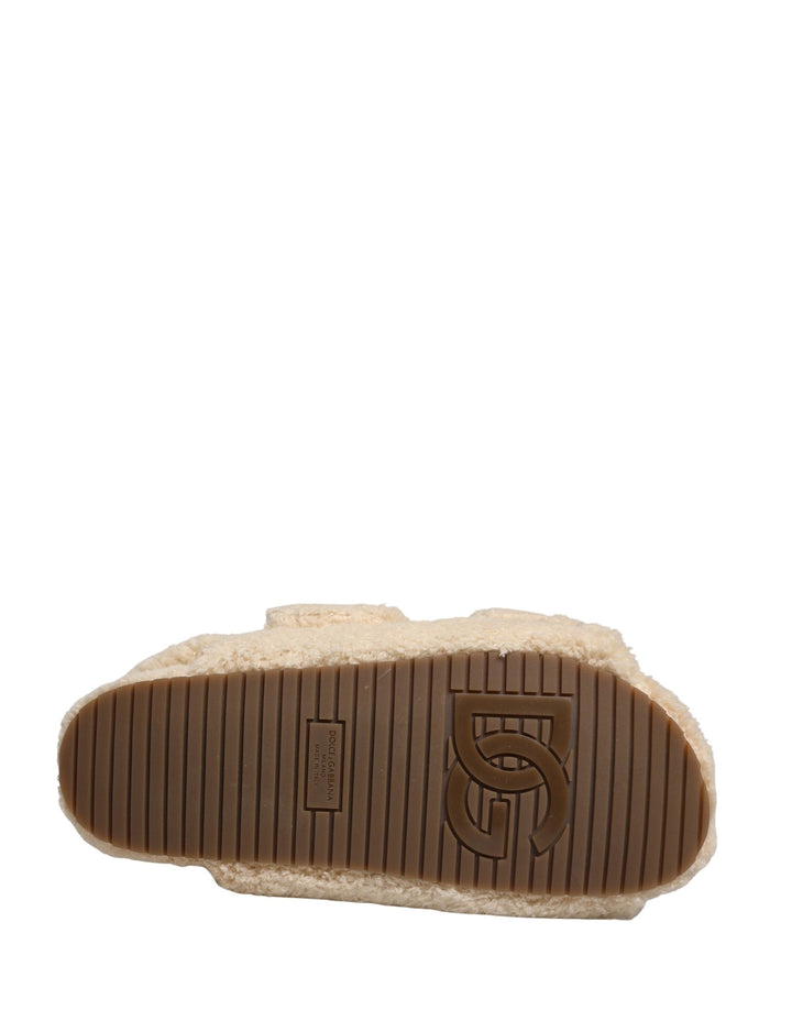 Men’s Dolce &amp; Gabbana Beige Faux Fur Slides Men Flats Sandals Shoes