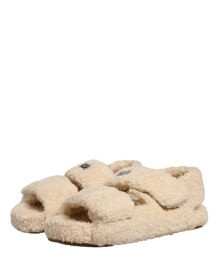 Men’s Dolce &amp; Gabbana Beige Faux Fur Slides Men Flats Sandals Shoes