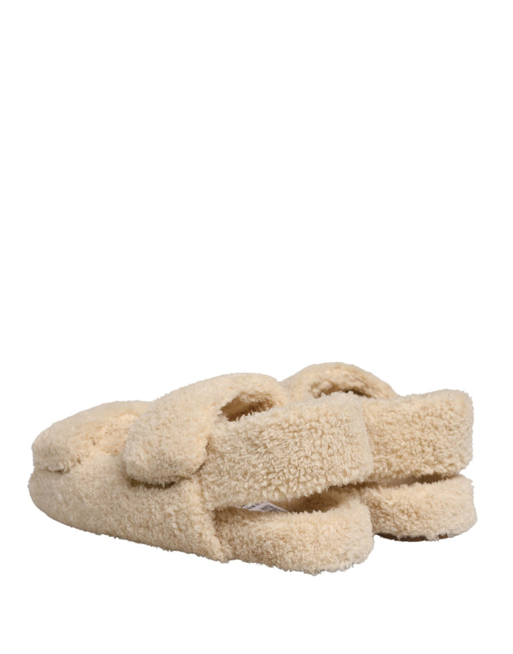 Men’s Dolce &amp; Gabbana Beige Faux Fur Slides Men Flats Sandals Shoes