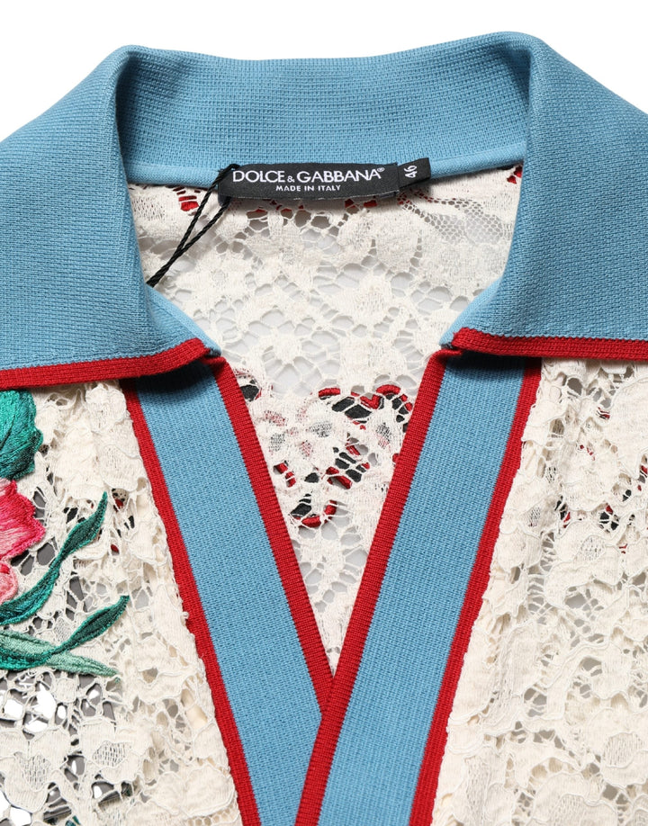 Dolce &amp; Gabbana Beige Floral Tennis Club Lace Polo T-shirt