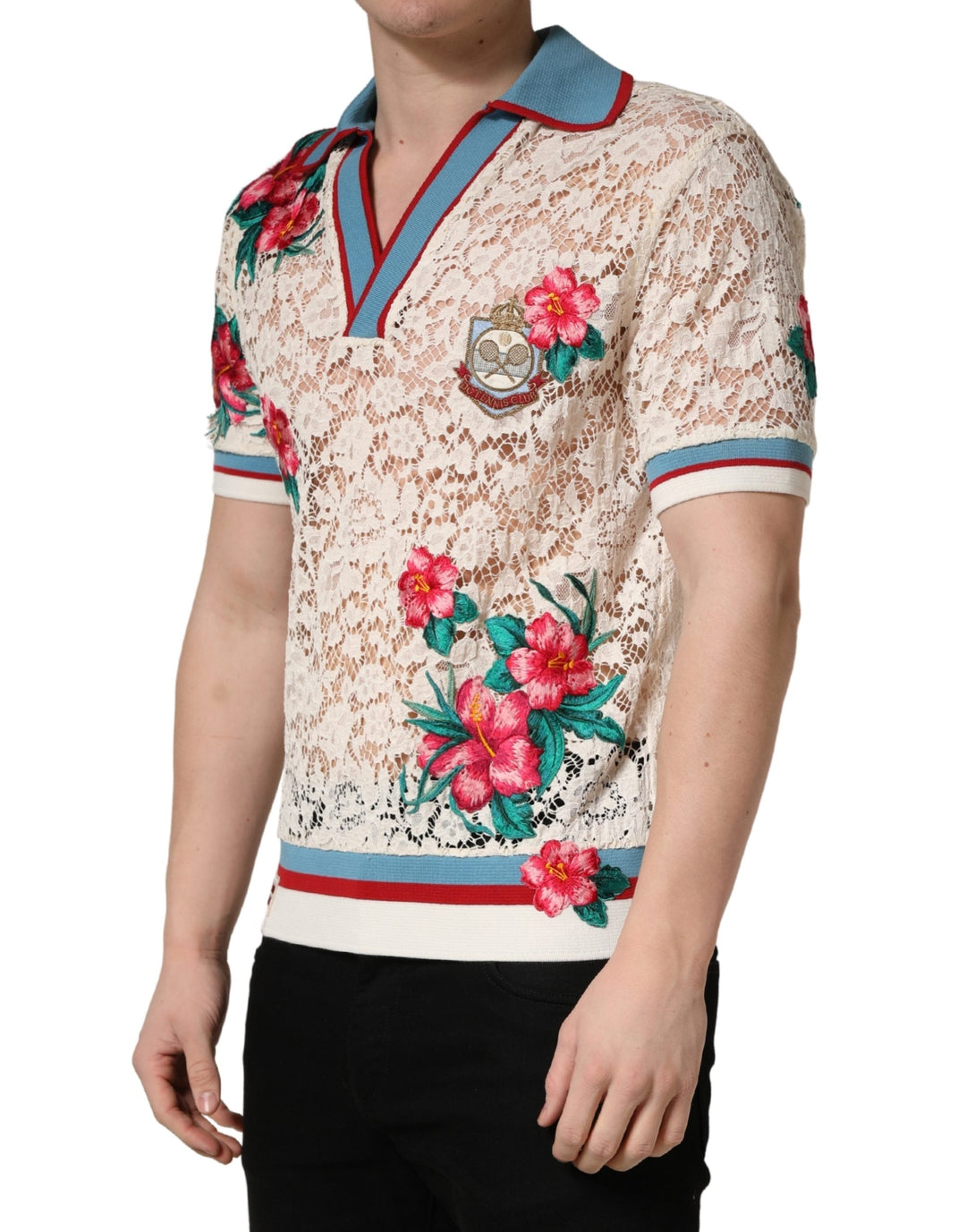 Dolce &amp; Gabbana Beige Floral Tennis Club Lace Polo T-shirt