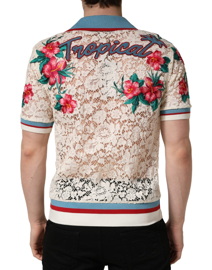 Dolce &amp; Gabbana Beige Floral Tennis Club Lace Polo T-shirt
