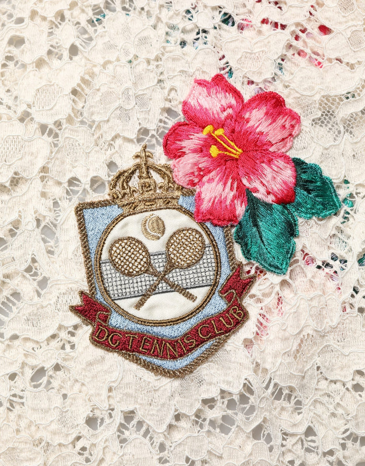 Dolce &amp; Gabbana Beige Floral Tennis Club Lace Polo T-shirt
