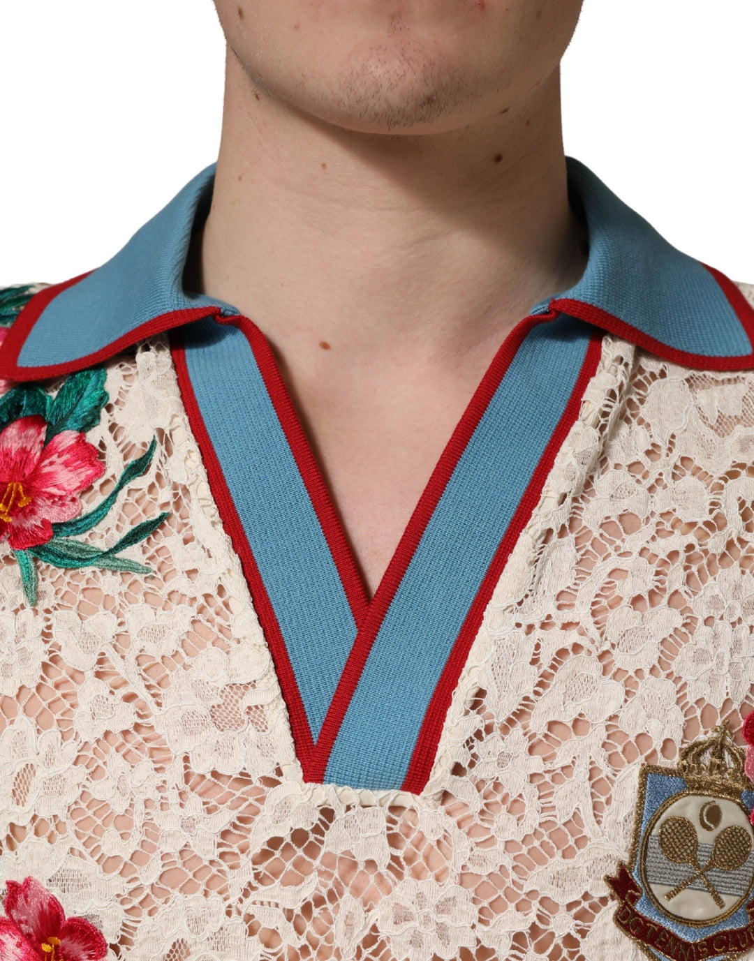 Dolce &amp; Gabbana Beige Floral Tennis Club Lace Polo T-shirt