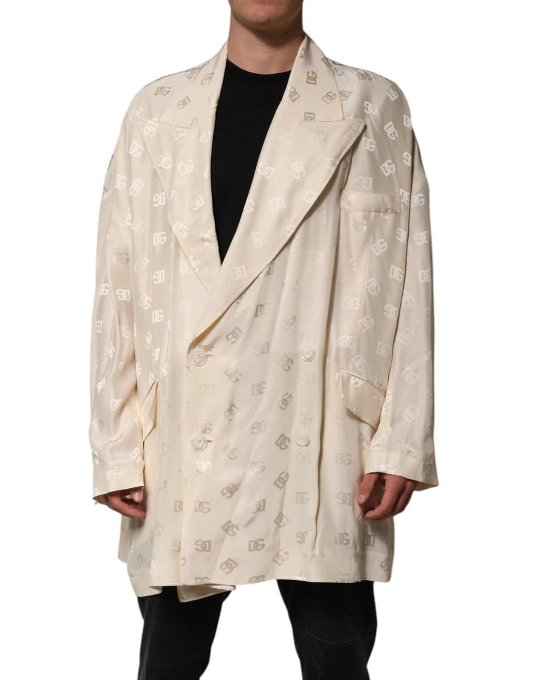 Men’s Dolce &amp; Gabbana Beige Polyester Logo Monogram Coat Jacket