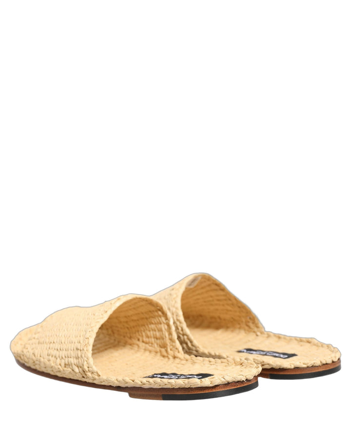 Men’s Dolce &amp; Gabbana Beige Straw Raffia Slides Sandals Flats Shoes