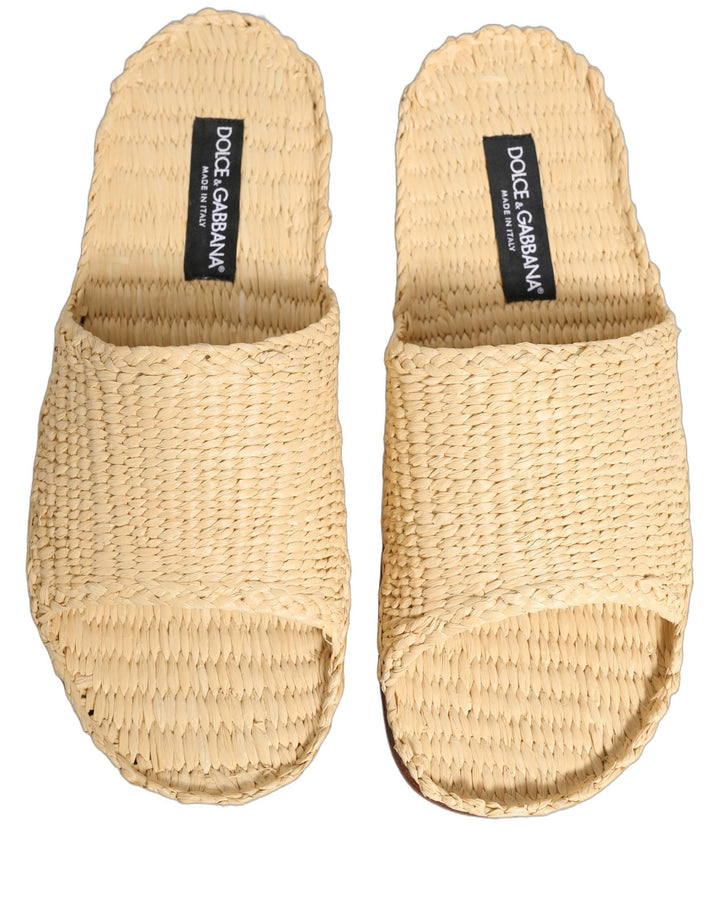 Men’s Dolce &amp; Gabbana Beige Straw Raffia Slides Sandals Flats Shoes