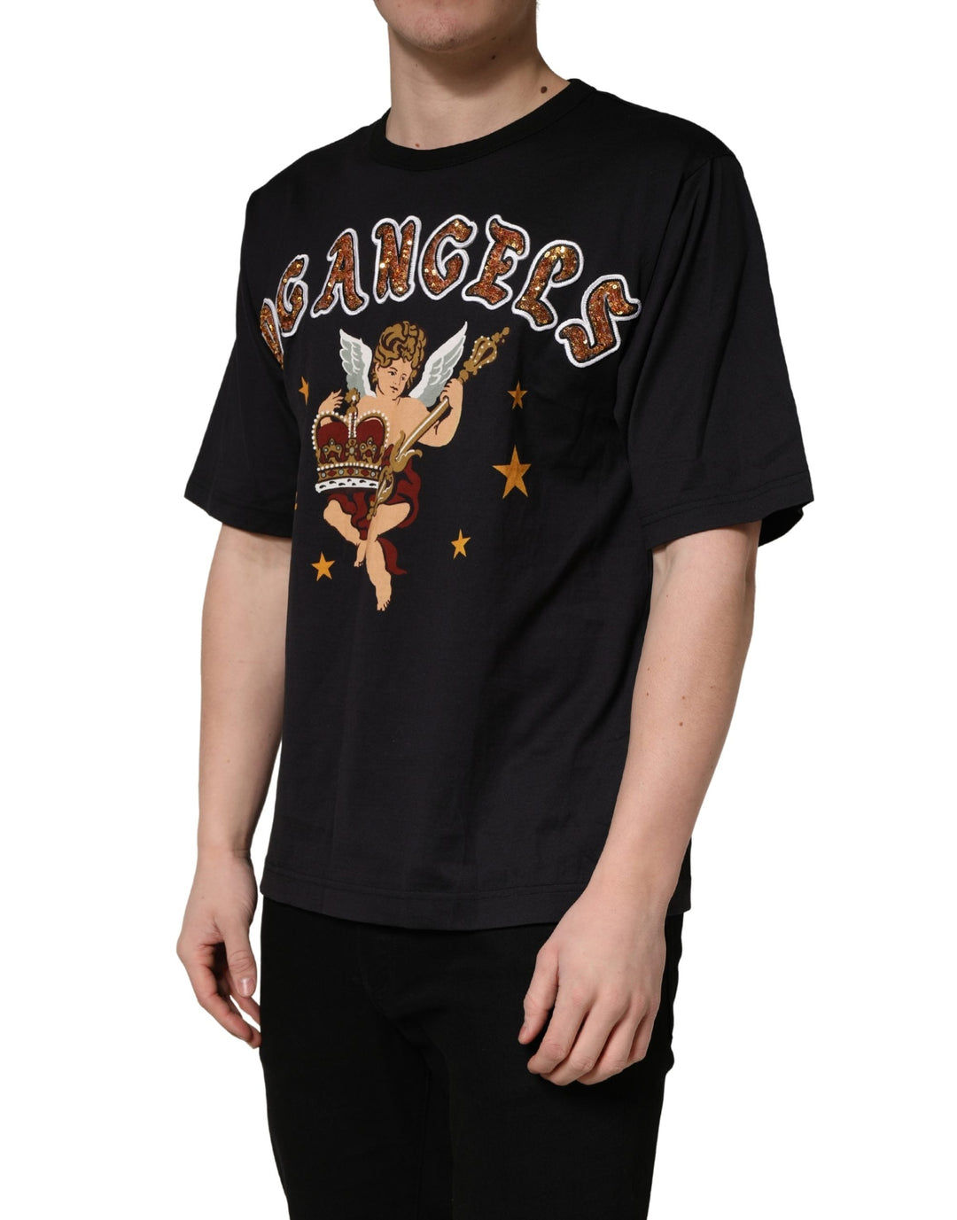 Dolce &amp; Gabbana Black Angel Print Cotton Crew Neck T-shirt