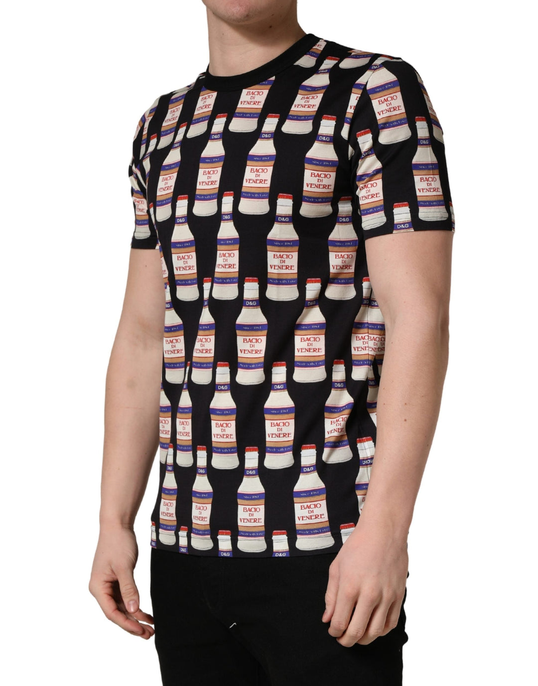 Dolce &amp; Gabbana Black Bottle Print Cotton Crew Neck T-shirt