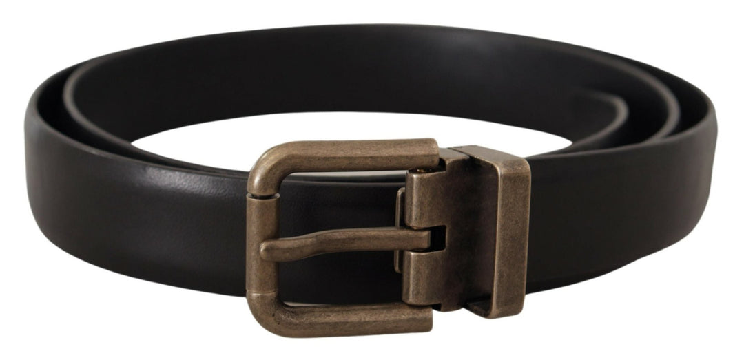Dolce &amp; Gabbana Black Calf Leather Brushed Brass Box Buckle Belt