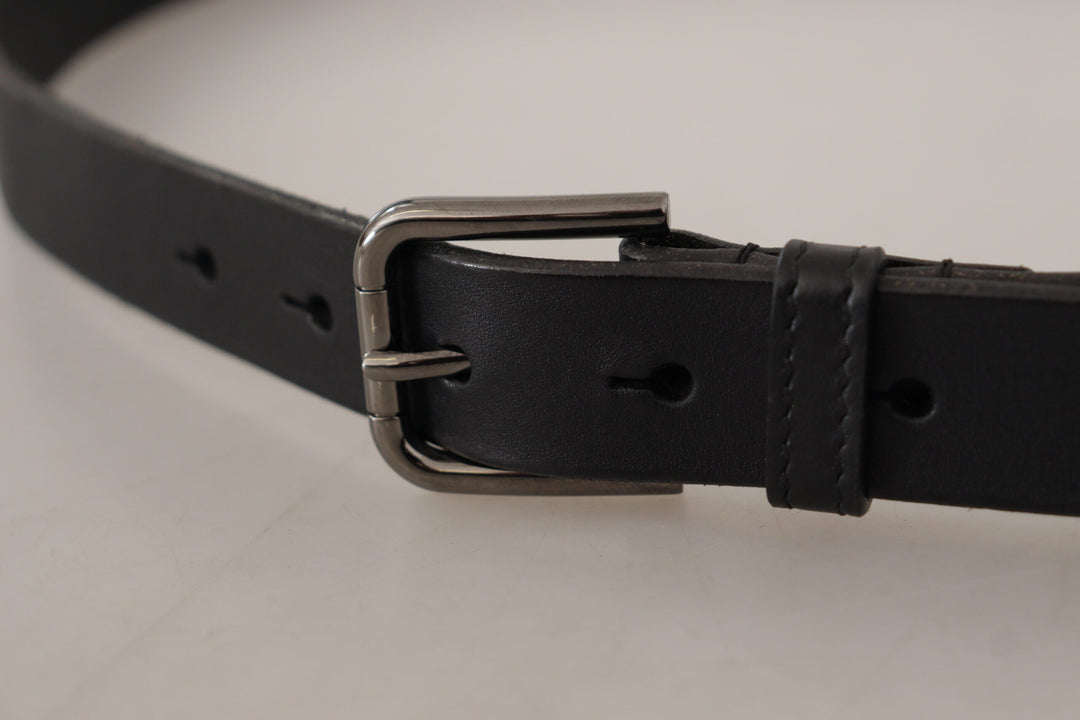 Dolce &amp; Gabbana Black Calf Leather Logo Engraved Metal Buckle Belt