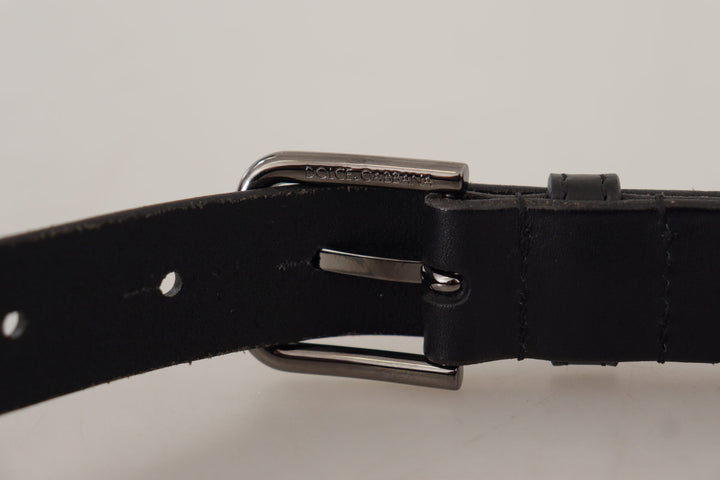 Dolce &amp; Gabbana Black Calf Leather Logo Engraved Metal Buckle Belt