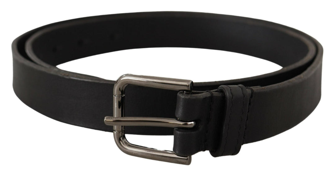 Dolce &amp; Gabbana Black Calf Leather Logo Engraved Metal Buckle Belt