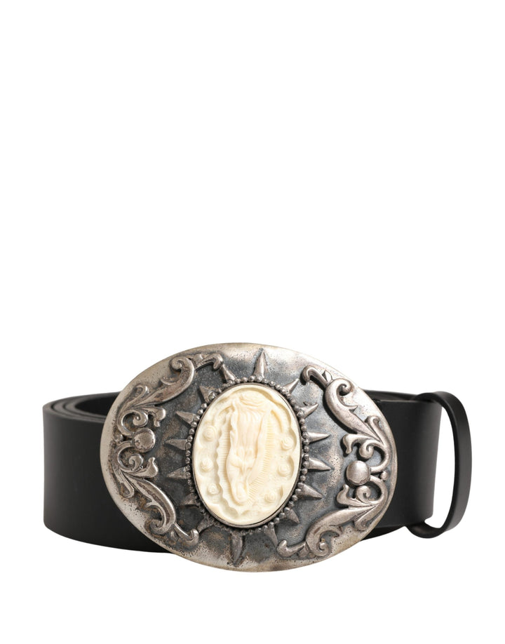 Dolce &amp; Gabbana Black Calf Leather Ornate Metal Buckle Belt