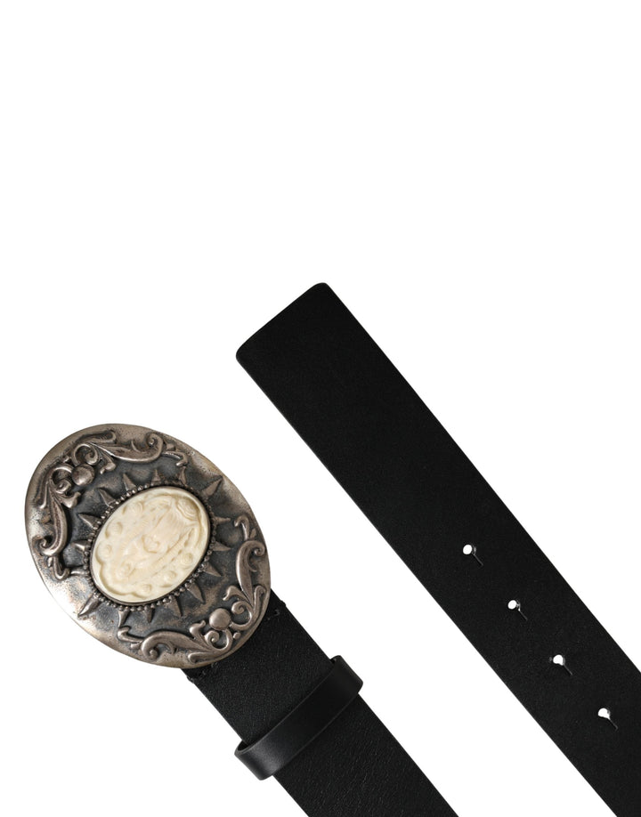 Dolce &amp; Gabbana Black Calf Leather Ornate Metal Buckle Belt