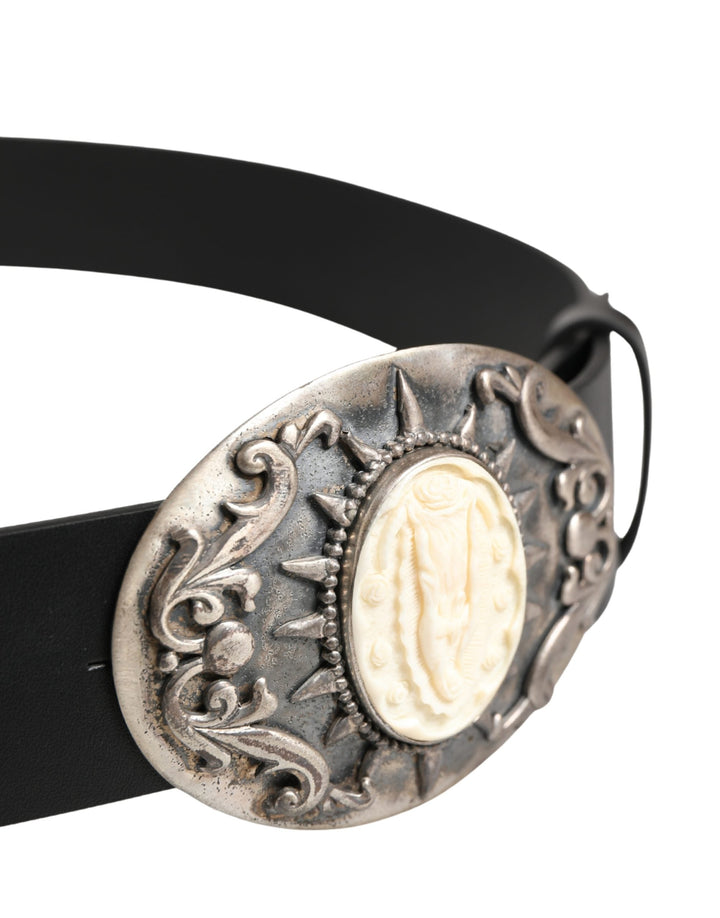Dolce &amp; Gabbana Black Calf Leather Ornate Metal Buckle Belt