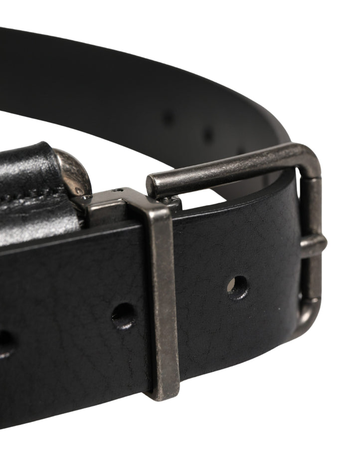 Dolce &amp; Gabbana Black Calf Leather Silver Metal Buckle Belt
